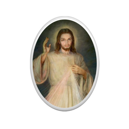 Kolorowy obrazek sakralny na porcelanie owalnej - Jezus Miłosierny